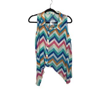 4/$25 C’est Toi Sleeveless Blouse Blue Pink Chevron